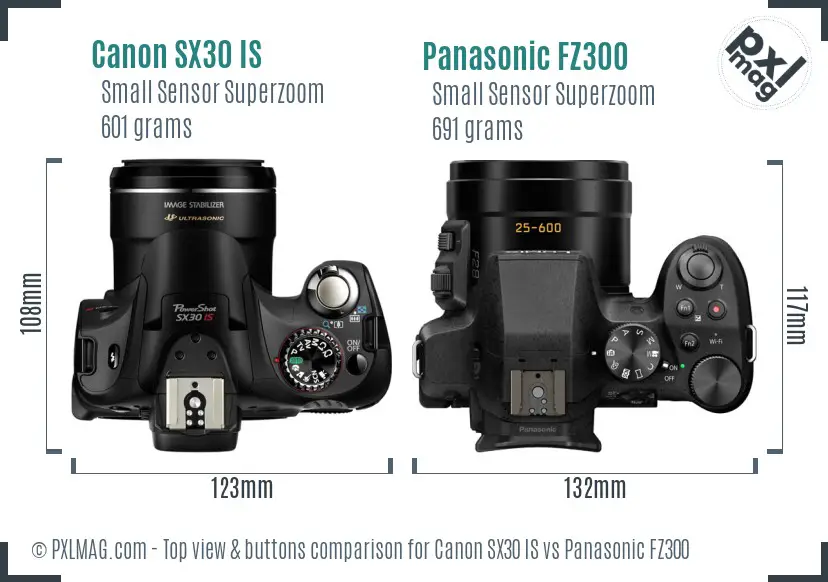Canon SX30 IS vs Panasonic FZ300 top view buttons comparison