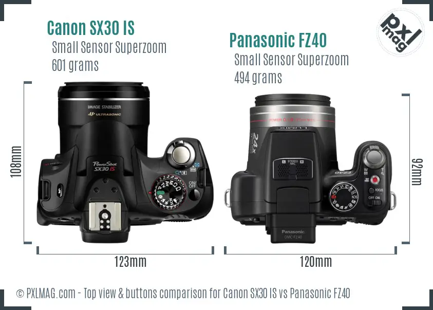 Canon SX30 IS vs Panasonic FZ40 top view buttons comparison Canon SX30 IS vs Panasonic FZ40 top view buttons comparison