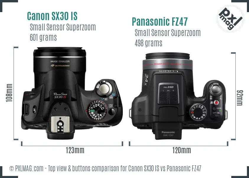 Canon SX30 IS vs Panasonic FZ47 top view buttons comparison