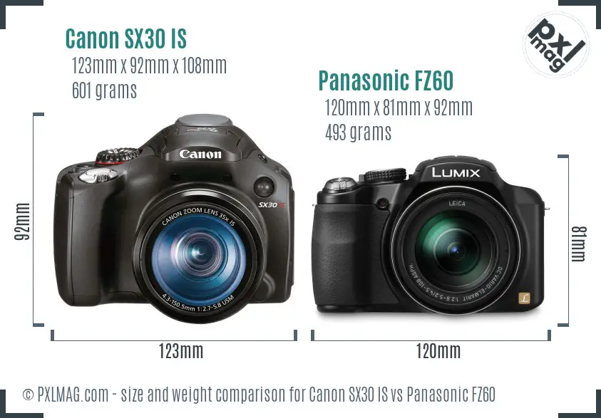 Canon SX30 IS vs Panasonic FZ60 size comparison