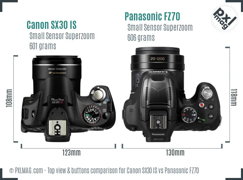 Canon SX30 IS vs Panasonic FZ70 top view buttons comparison