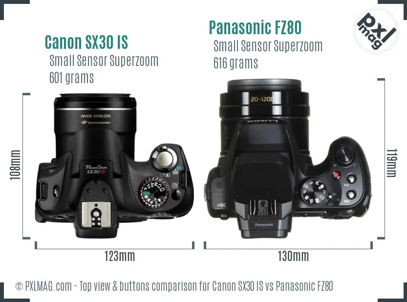Canon SX30 IS vs Panasonic FZ80 top view buttons comparison