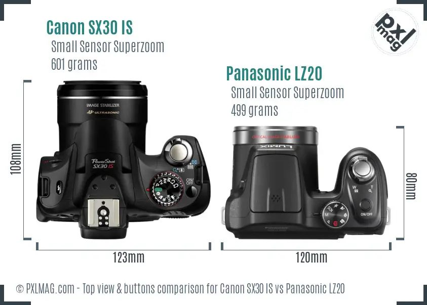 Canon SX30 IS vs Panasonic LZ20 top view buttons comparison