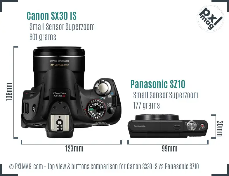 Canon SX30 IS vs Panasonic SZ10 top view buttons comparison
