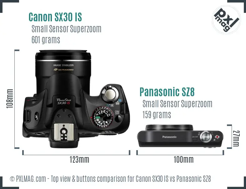 Canon SX30 IS vs Panasonic SZ8 top view buttons comparison