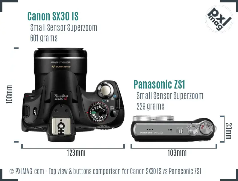 Canon SX30 IS vs Panasonic ZS1 top view buttons comparison