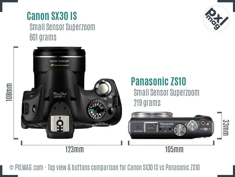Canon SX30 IS vs Panasonic ZS10 top view buttons comparison Canon SX30 IS vs Panasonic ZS10 top view buttons comparison