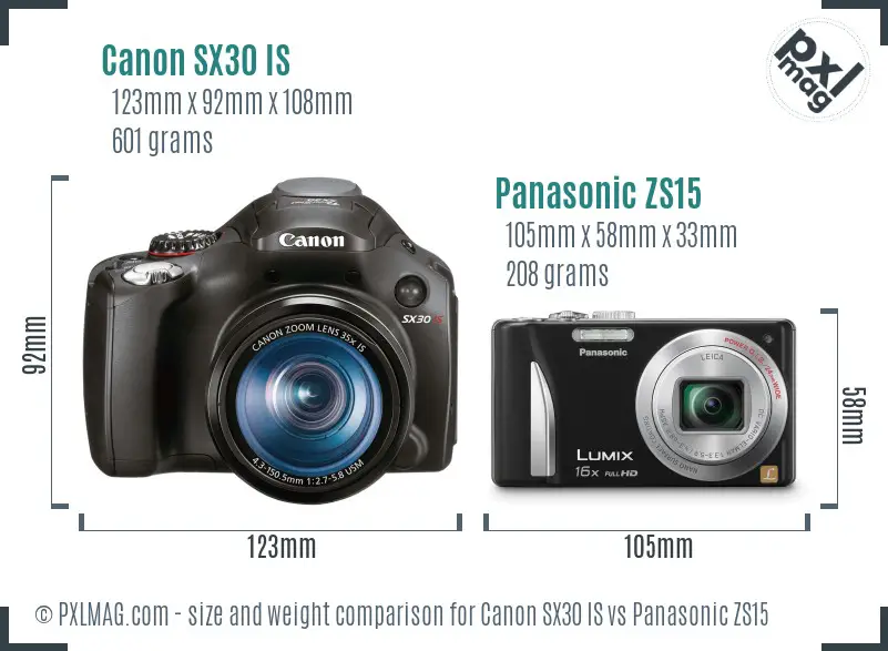 Canon SX30 IS vs Panasonic ZS15 size comparison Canon SX30 IS vs Panasonic ZS15 size comparison