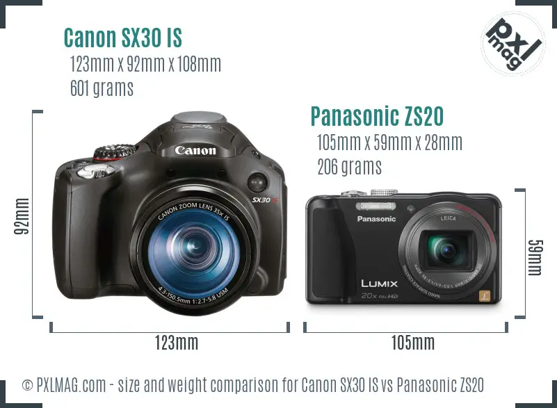 Canon SX30 IS vs Panasonic ZS20 size comparison Canon SX30 IS vs Panasonic ZS20 size comparison