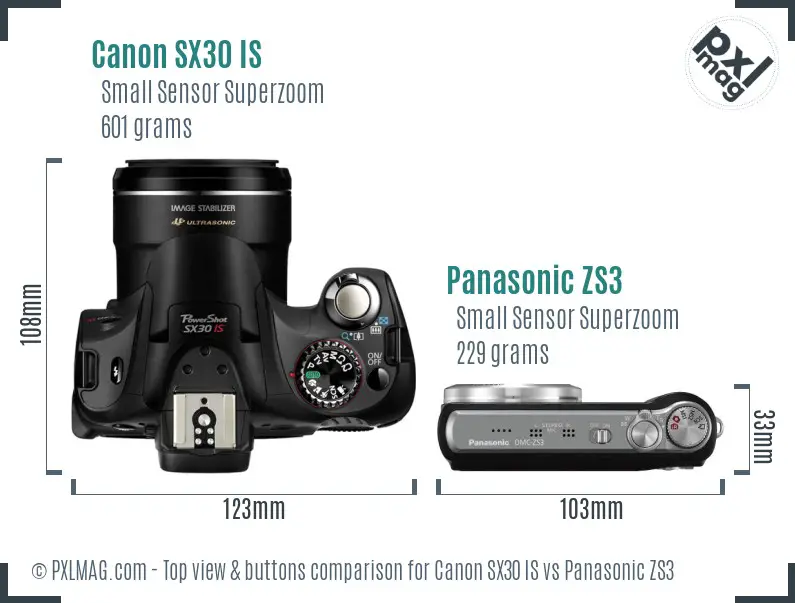 Canon SX30 IS vs Panasonic ZS3 top view buttons comparison