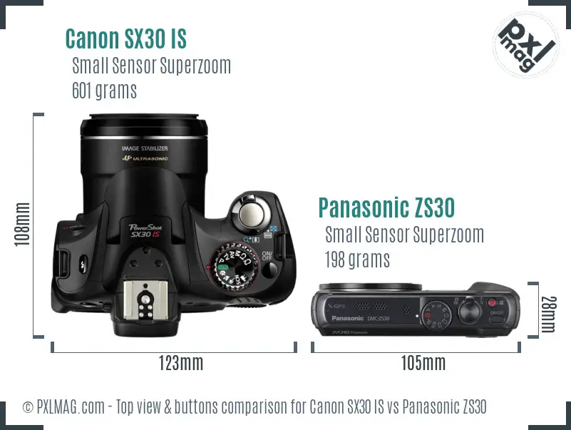 Canon SX30 IS vs Panasonic ZS30 top view buttons comparison