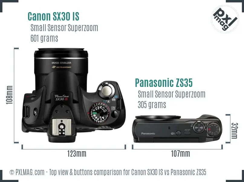 Canon SX30 IS vs Panasonic ZS35 top view buttons comparison