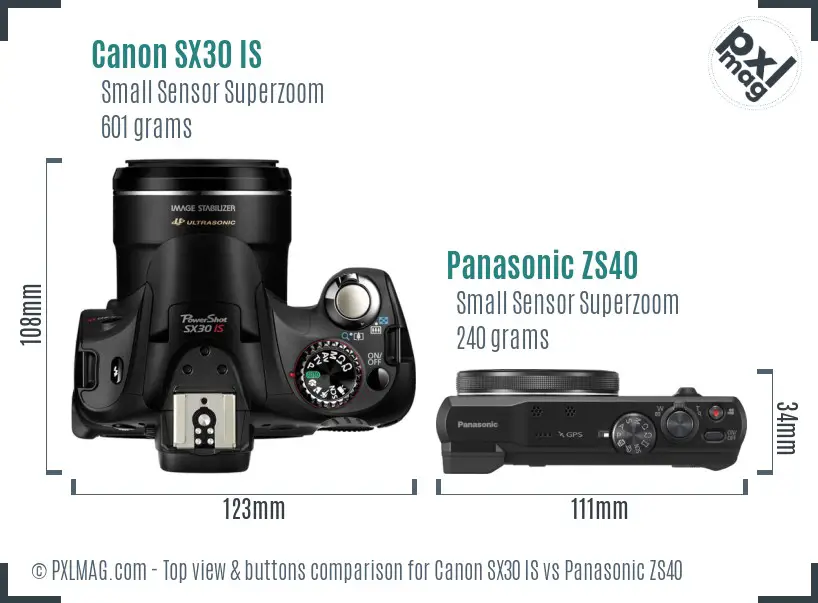 Canon SX30 IS vs Panasonic ZS40 top view buttons comparison