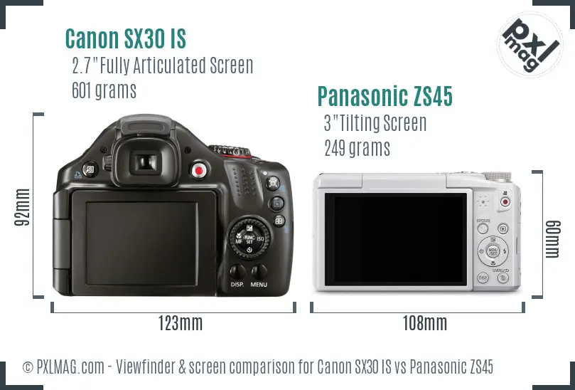 Canon SX30 IS vs Panasonic ZS45 Screen and Viewfinder comparison