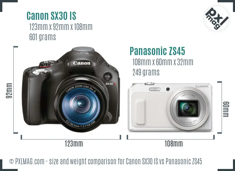 Canon SX30 IS vs Panasonic ZS45 size comparison