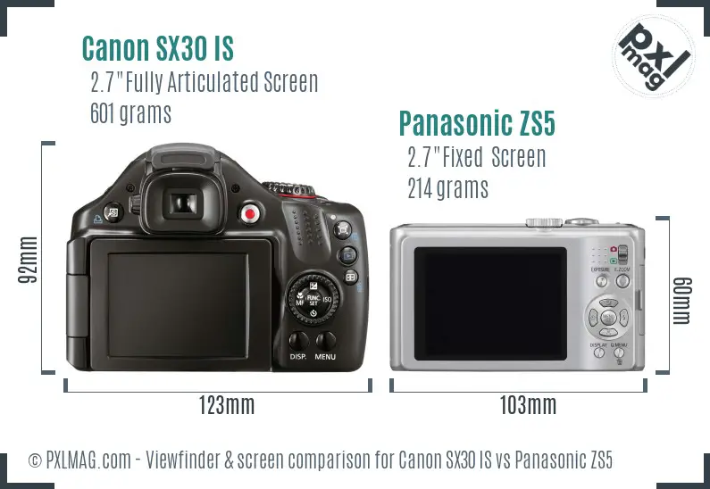 Canon SX30 IS vs Panasonic ZS5 Screen and Viewfinder comparison