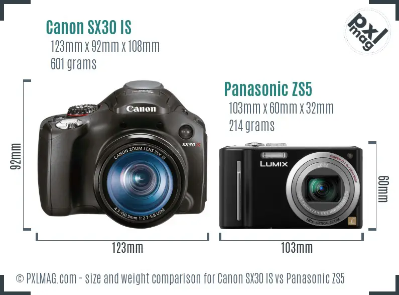 Canon SX30 IS vs Panasonic ZS5 size comparison