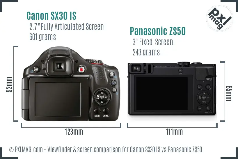 Canon SX30 IS vs Panasonic ZS50 Screen and Viewfinder comparison