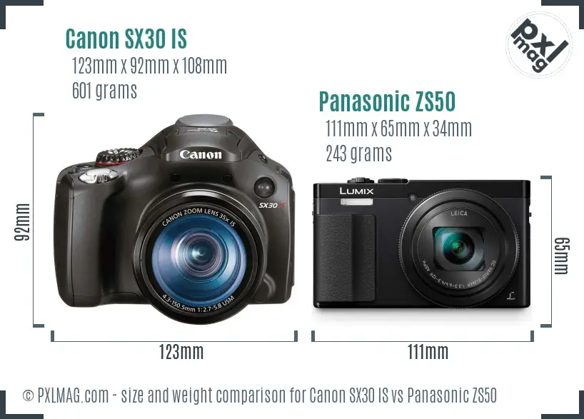 Canon SX30 IS vs Panasonic ZS50 size comparison