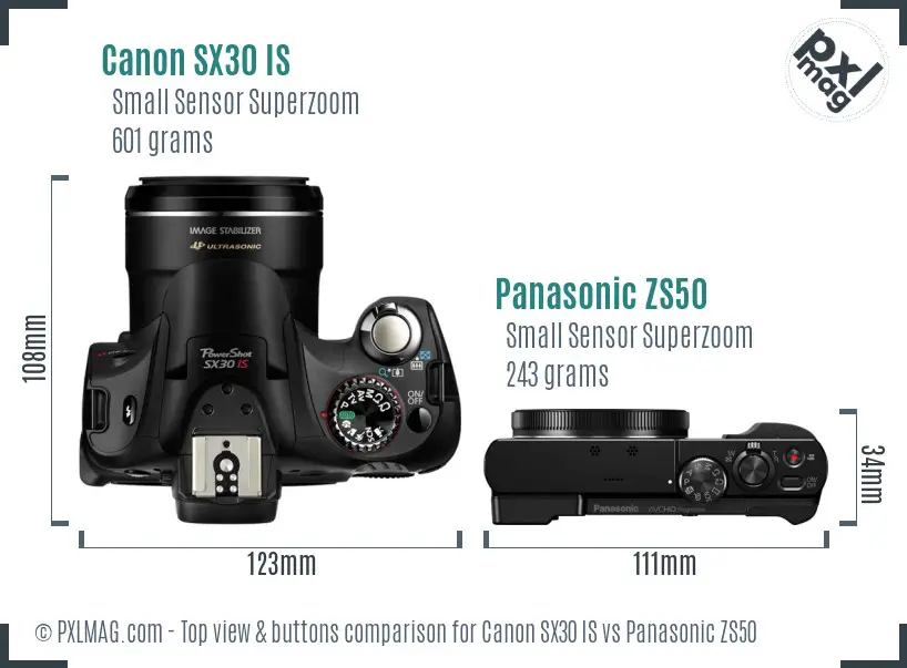 Canon SX30 IS vs Panasonic ZS50 top view buttons comparison