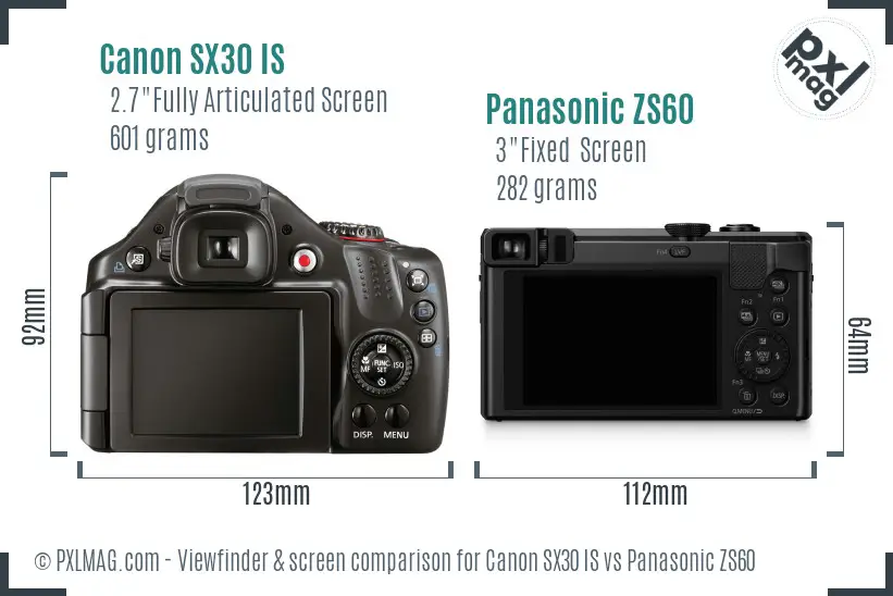 Canon SX30 IS vs Panasonic ZS60 Screen and Viewfinder comparison