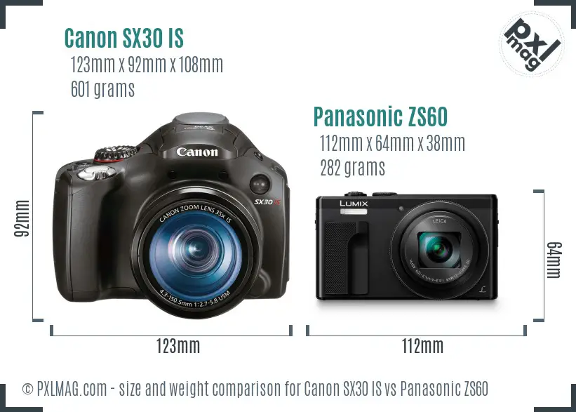 Canon SX30 IS vs Panasonic ZS60 size comparison