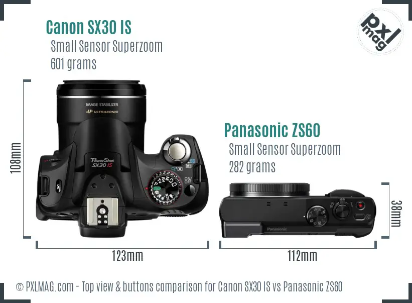 Canon SX30 IS vs Panasonic ZS60 top view buttons comparison