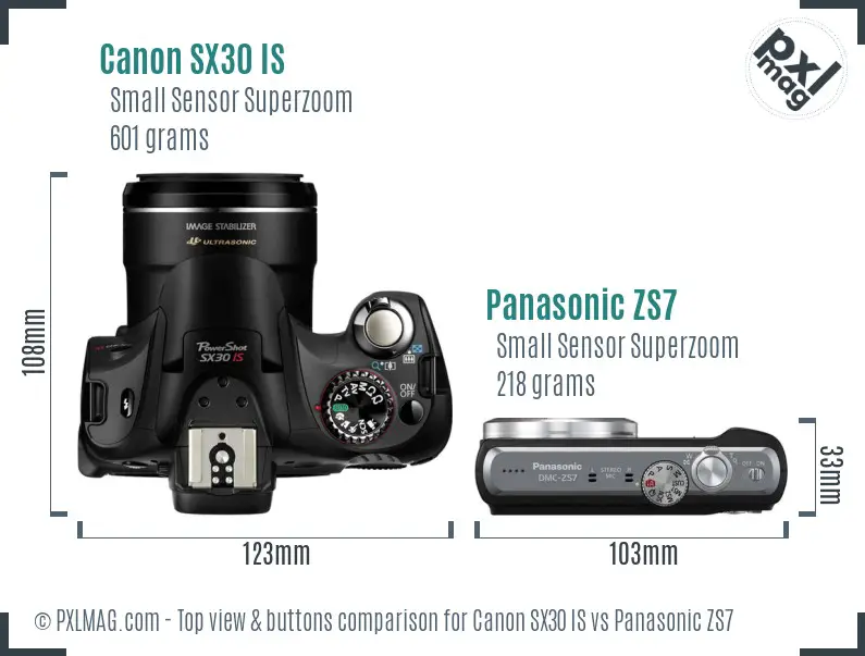 Canon SX30 IS vs Panasonic ZS7 top view buttons comparison