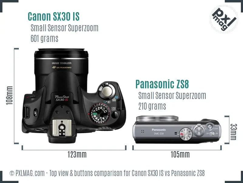 Canon SX30 IS vs Panasonic ZS8 top view buttons comparison