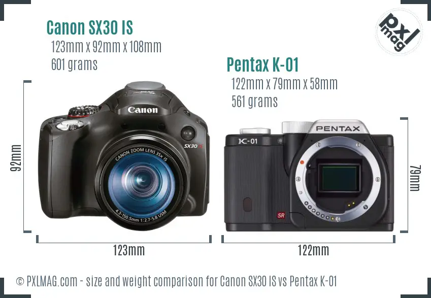 Canon SX30 IS vs Pentax K-01 size comparison