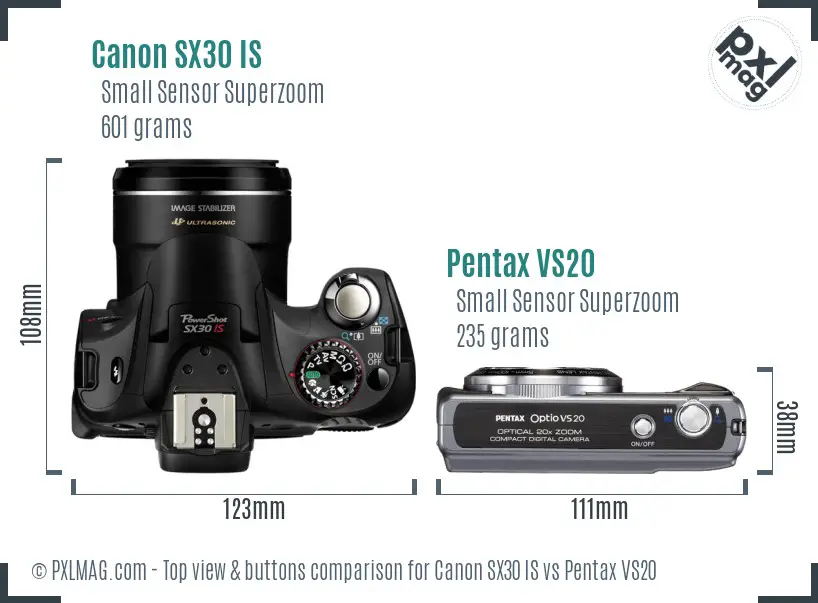 Canon SX30 IS vs Pentax VS20 top view buttons comparison Canon SX30 IS vs Pentax VS20 top view buttons comparison