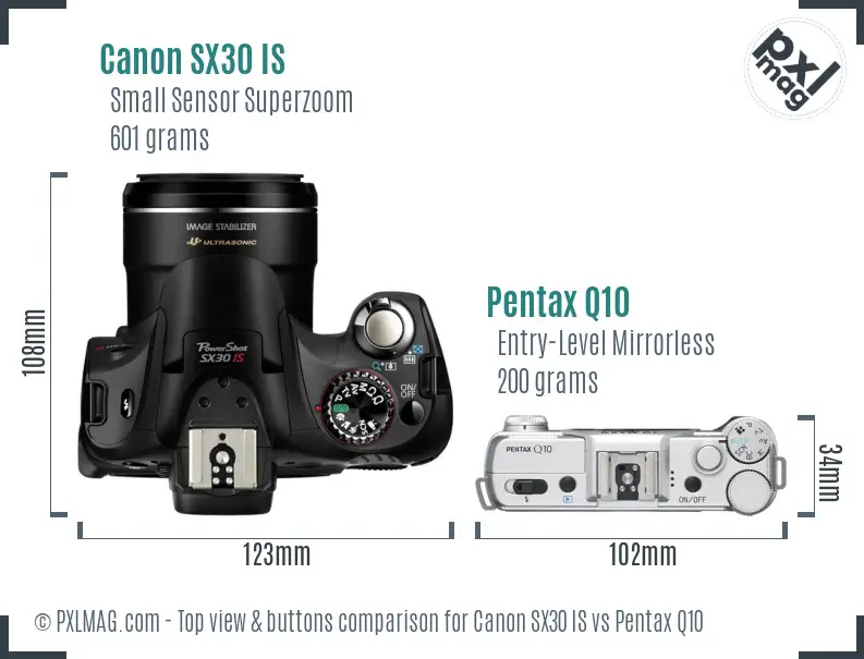 Canon SX30 IS vs Pentax Q10 top view buttons comparison