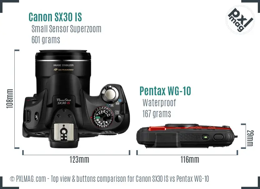 Canon SX30 IS vs Pentax WG-10 top view buttons comparison Canon SX30 IS vs Pentax WG-10 top view buttons comparison