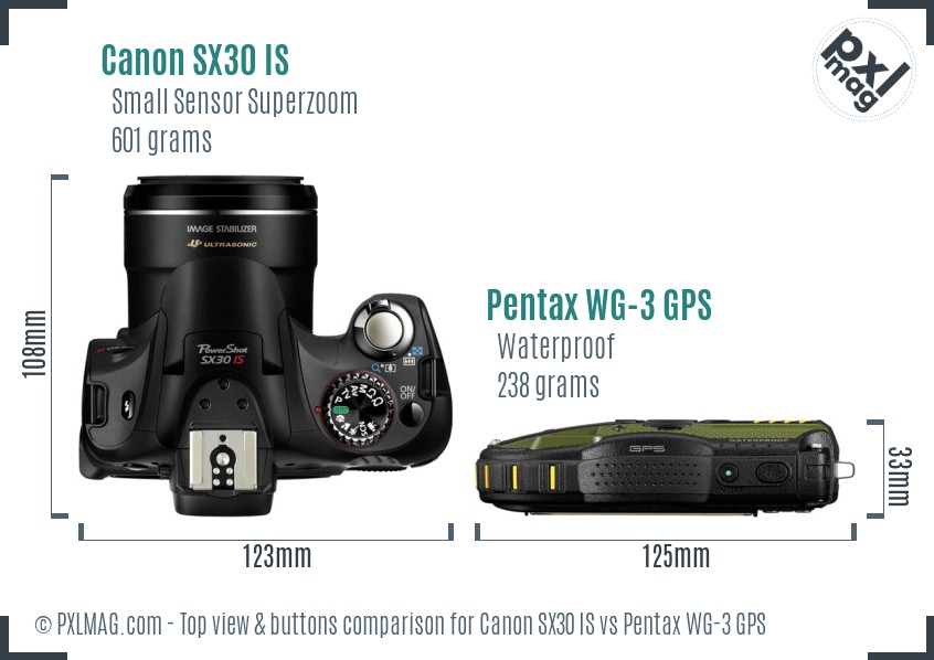 Canon SX30 IS vs Pentax WG-3 GPS top view buttons comparison