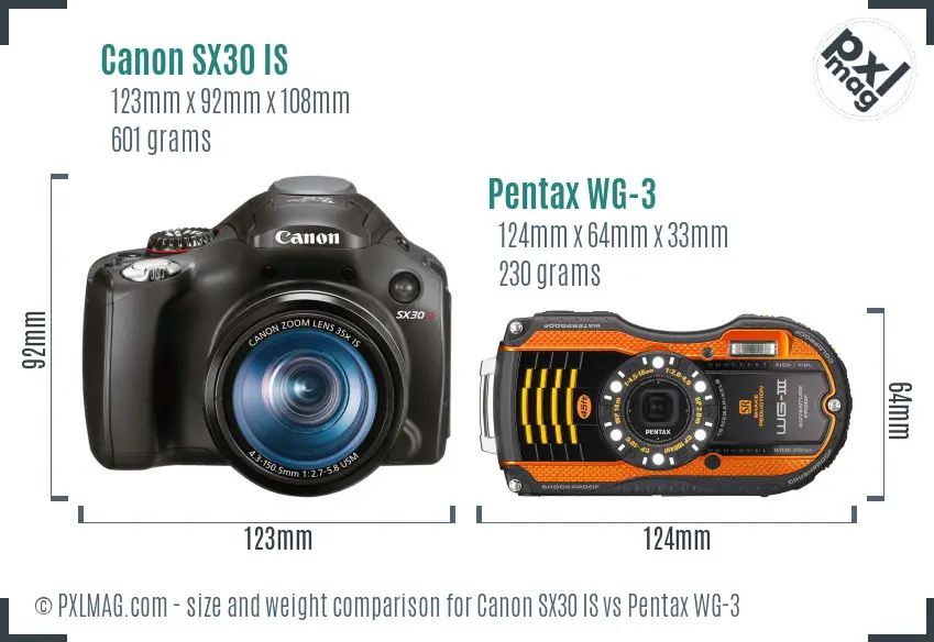 Canon SX30 IS vs Pentax WG-3 size comparison