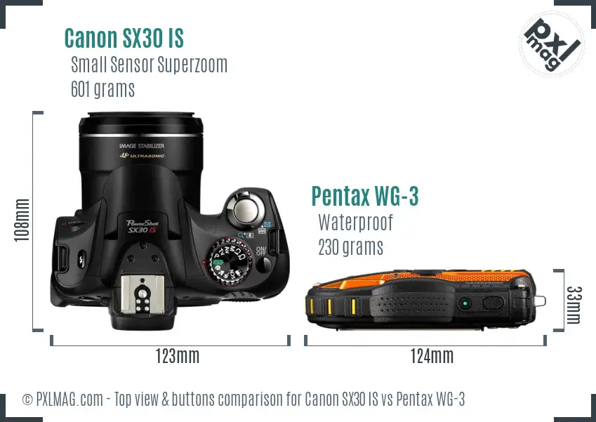 Canon SX30 IS vs Pentax WG-3 top view buttons comparison