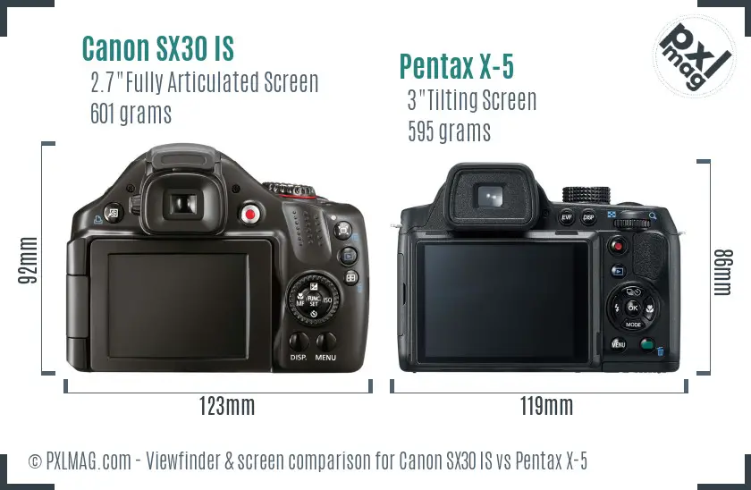 Canon SX30 IS vs Pentax X-5 Screen and Viewfinder comparison