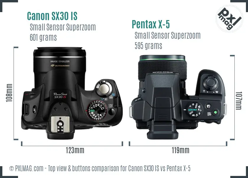 Canon SX30 IS vs Pentax X-5 top view buttons comparison