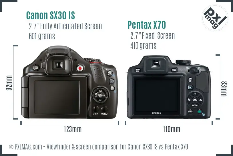 Canon SX30 IS vs Pentax X70 Screen and Viewfinder comparison