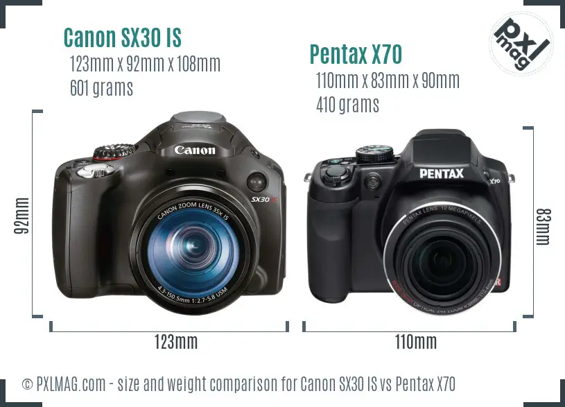 Canon SX30 IS vs Pentax X70 size comparison