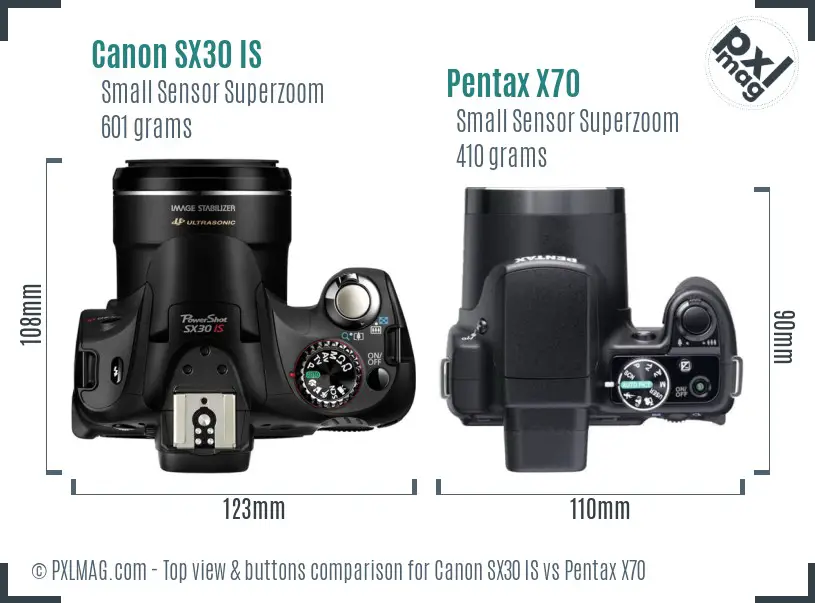 Canon SX30 IS vs Pentax X70 top view buttons comparison