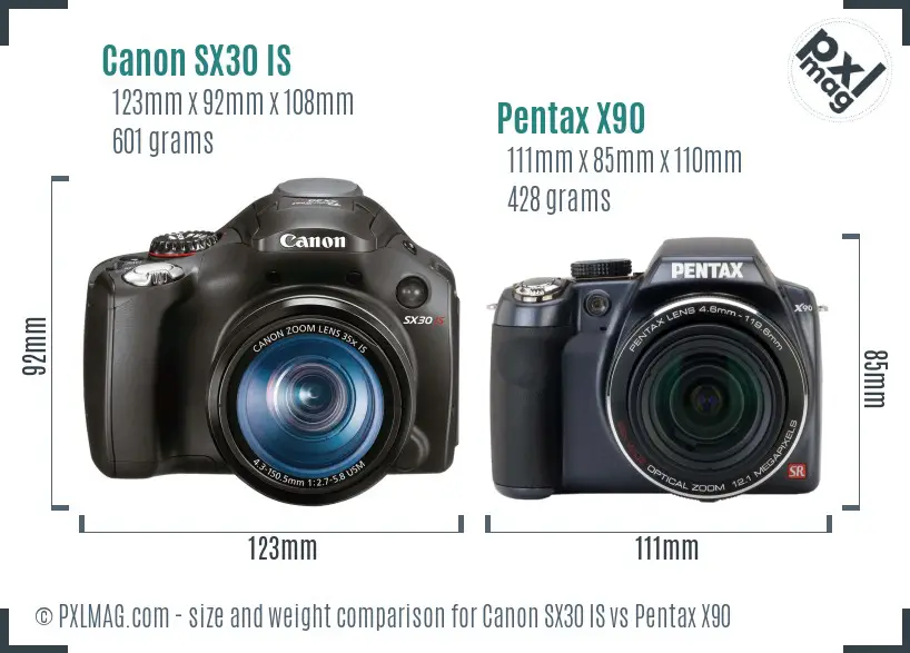 Canon SX30 IS vs Pentax X90 size comparison