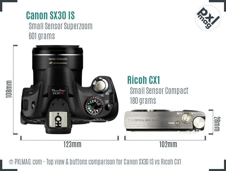 Canon SX30 IS vs Ricoh CX1 top view buttons comparison Canon SX30 IS vs Ricoh CX1 top view buttons comparison