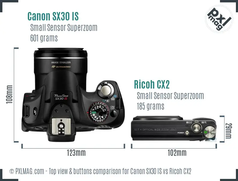 Canon SX30 IS vs Ricoh CX2 top view buttons comparison