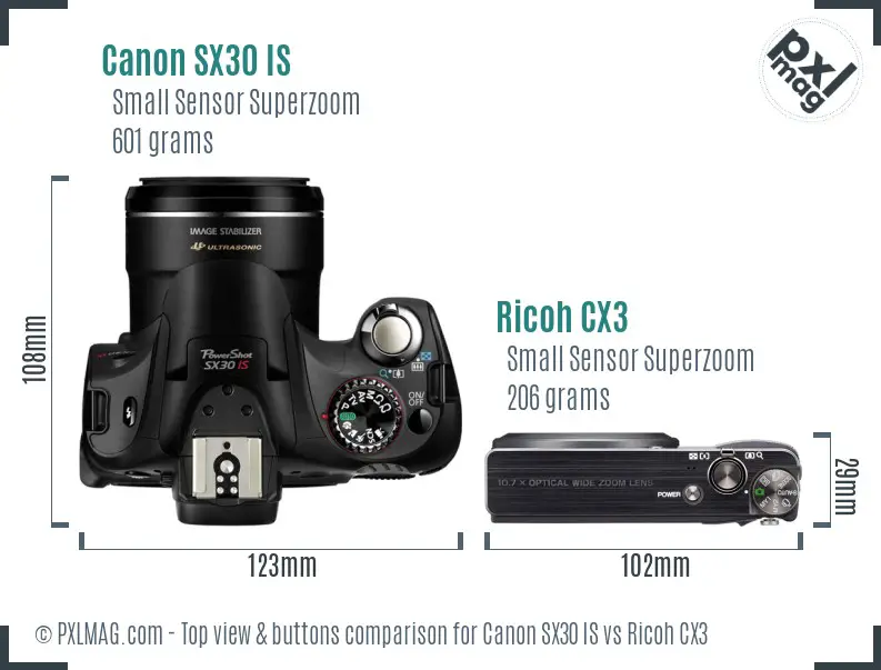 Canon SX30 IS vs Ricoh CX3 top view buttons comparison