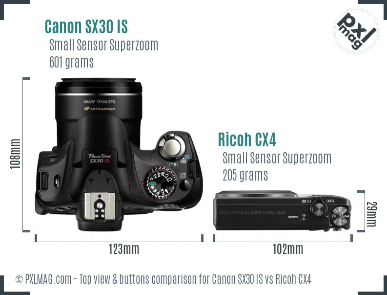 Canon SX30 IS vs Ricoh CX4 top view buttons comparison Canon SX30 IS vs Ricoh CX4 top view buttons comparison