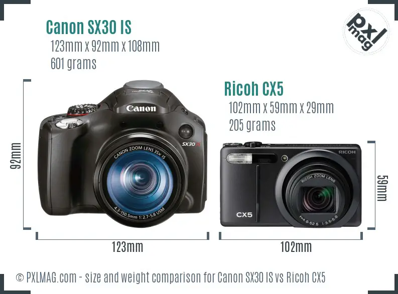 Canon SX30 IS vs Ricoh CX5 size comparison