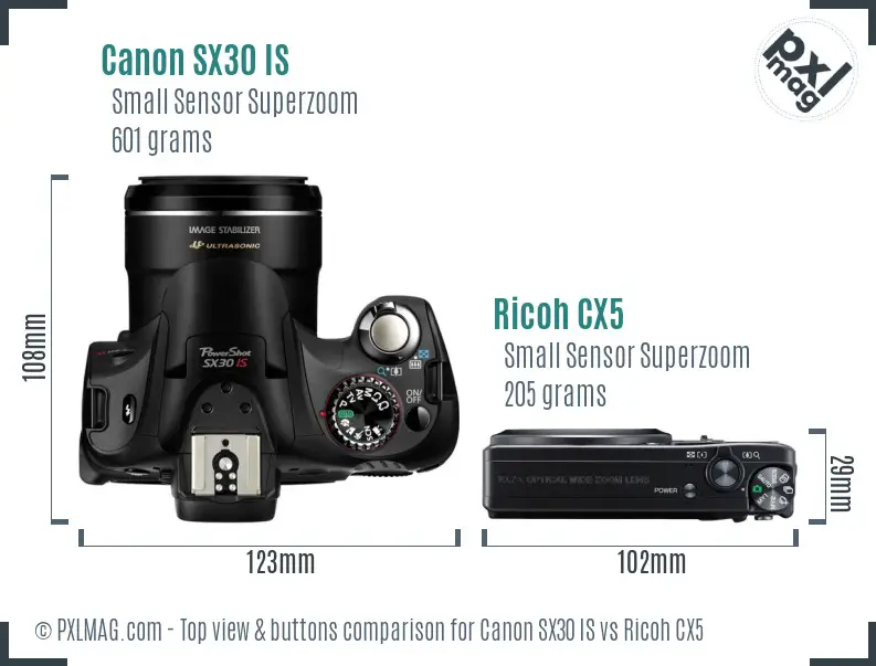 Canon SX30 IS vs Ricoh CX5 top view buttons comparison