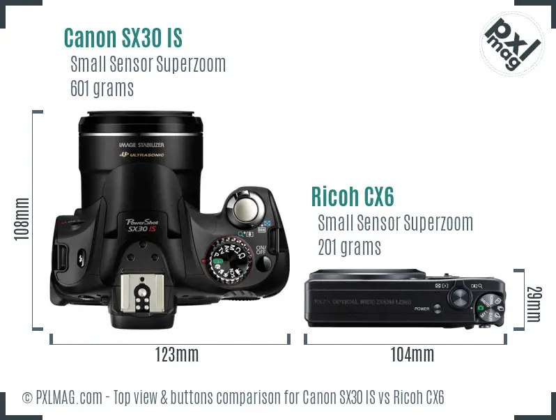 Canon SX30 IS vs Ricoh CX6 top view buttons comparison