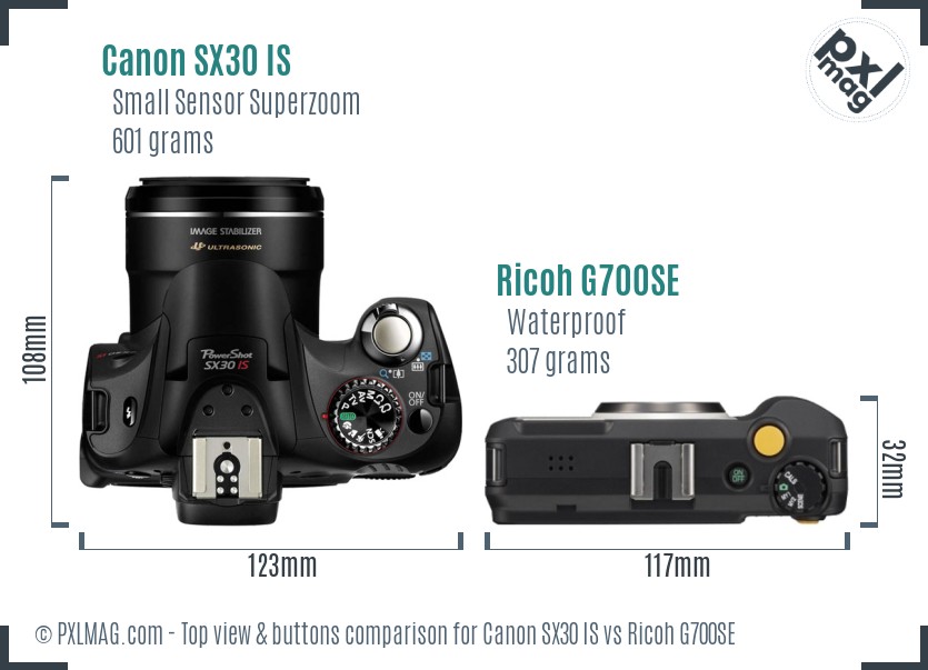 Canon SX30 IS vs Ricoh G700SE top view buttons comparison
